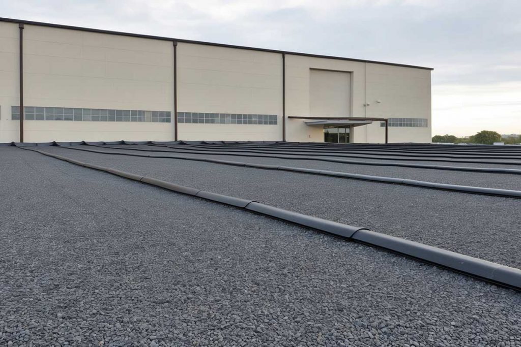 Built-up roofing system for industrial flat roofs, providing durability and weather resistance