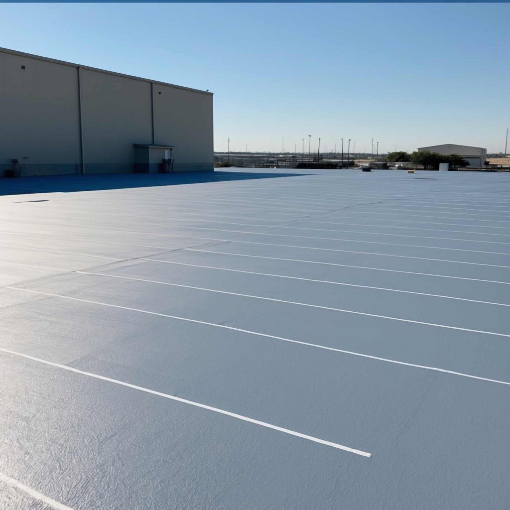 Newly applied elastomeric roof coating on a commercial flat roof in Dallas, TX, providing weatherproofing and energy efficiency.