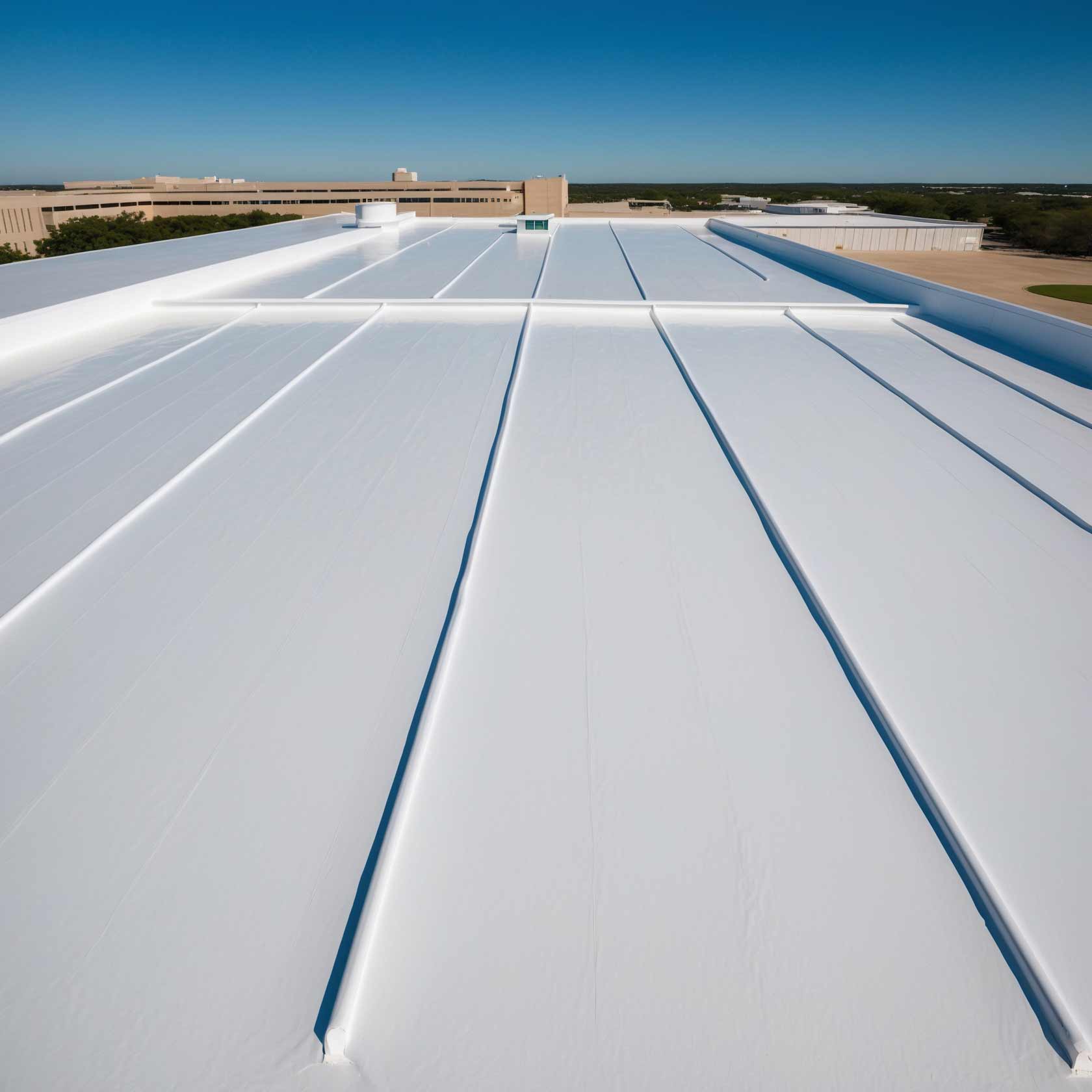 Cool roof coating applied to a commercial building in Texas by SCR Inc. to reduce heat absorption and increase energy efficiency.