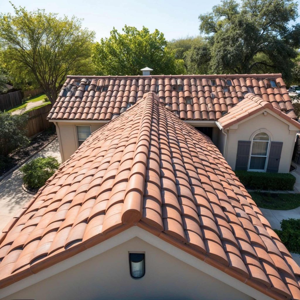 Clay tiles installed on a home in Dallas-Fort Worth by SCR Inc., offering sustainable, durable, and energy-efficient roofing.