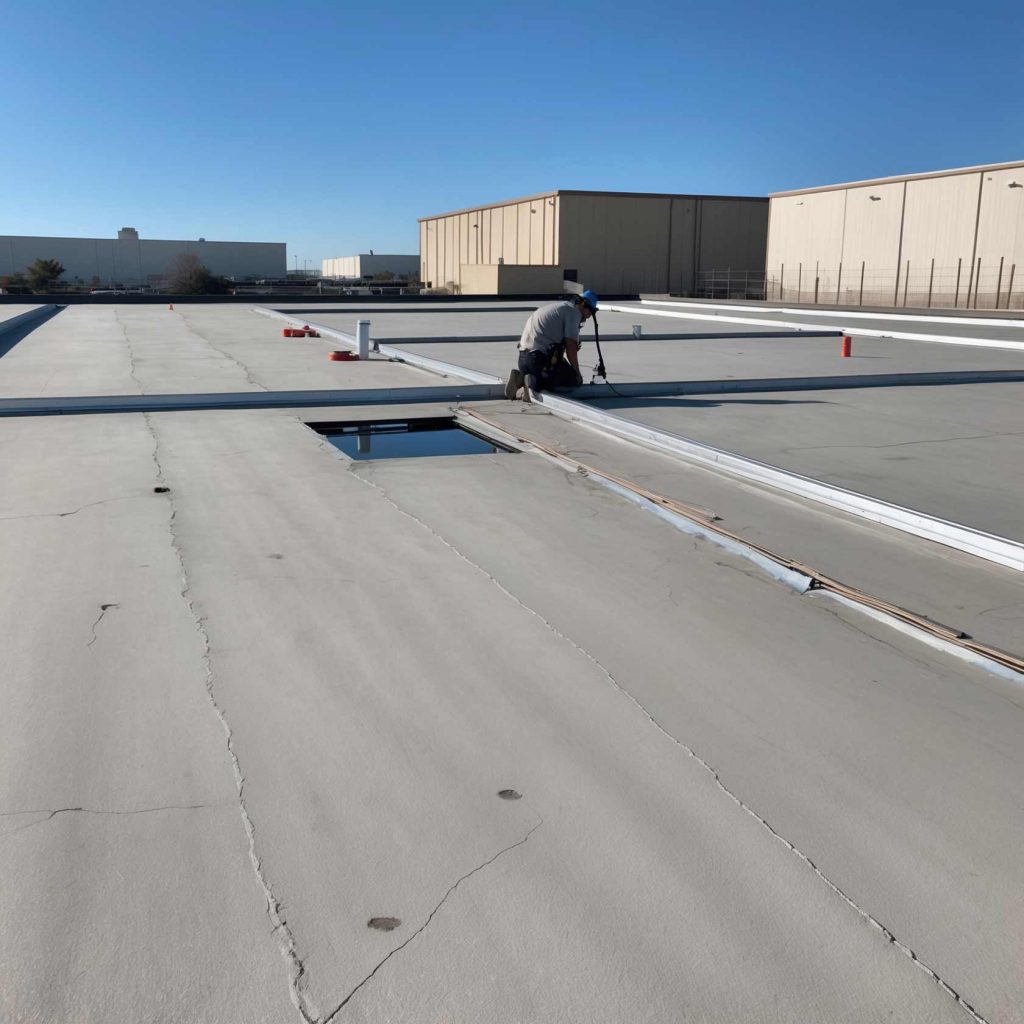 Flat roof inspection on a commercial building in Dallas, TX, showing potential issues like small cracks and pooling water.