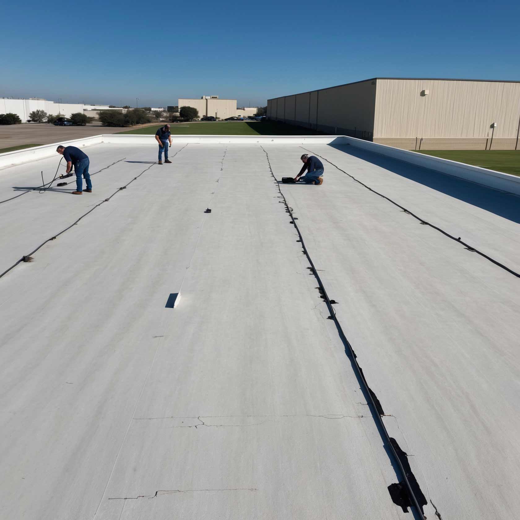 Metal roof on a commercial building in Dallas, TX, showing hail damage with dents and cracks after a storm.