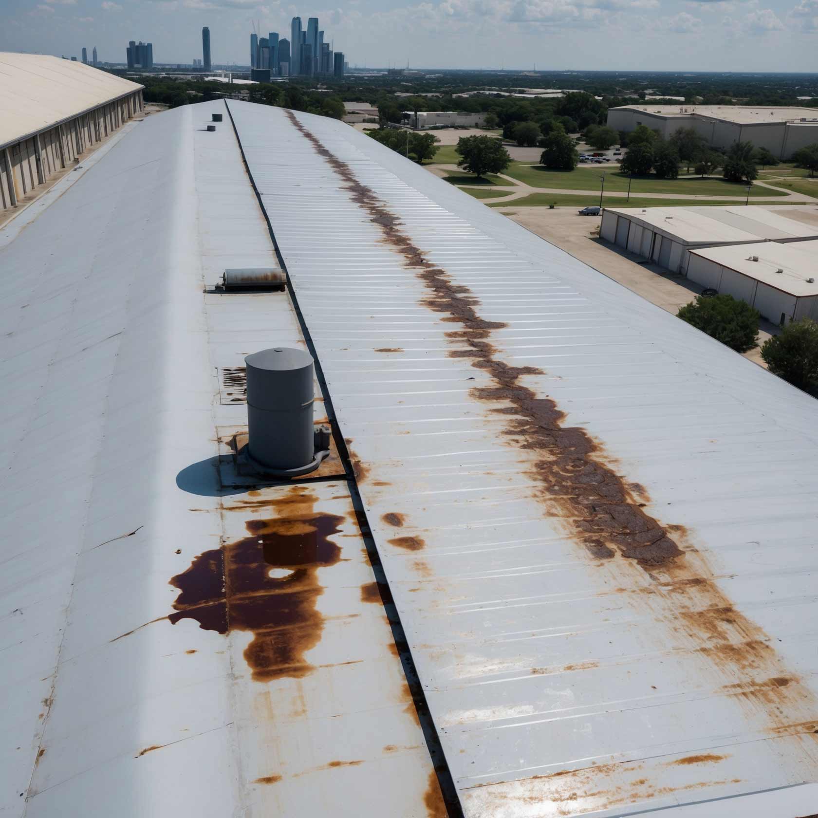 Water damage on a metal roof of an industrial building in Dallas, TX, with rust patches and water pooling near the drainage system