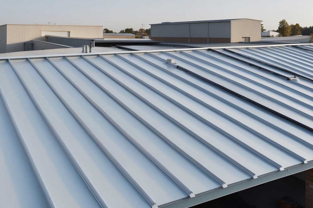 Metal roofing for industrial buildings, offering durability and fire resistance