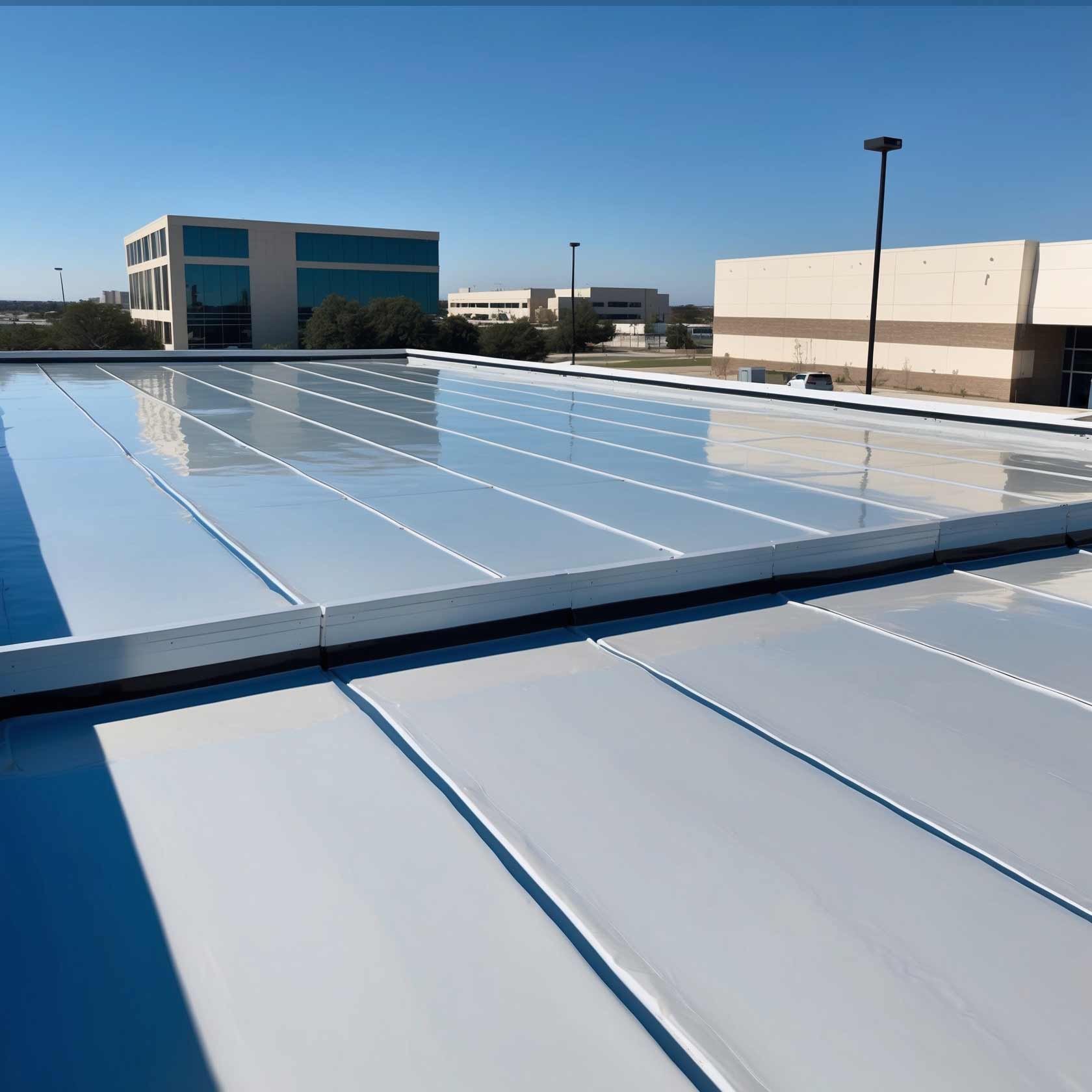 Waterproof coating applied to a commercial metal roof in DFW, TX, preventing rust and corrosion while enhancing energy efficiency