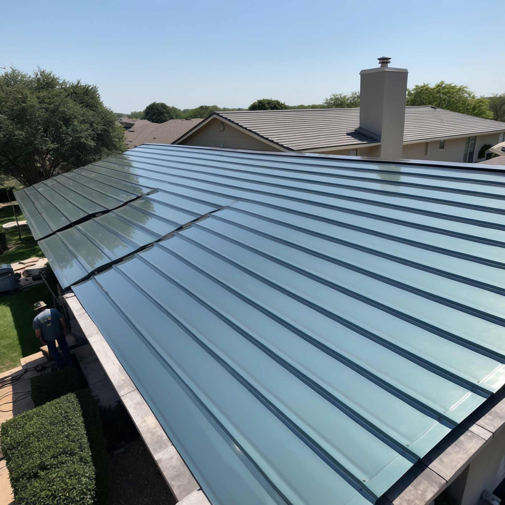 Recycled metal roofing installed on a residential property in Dallas, TX, showcasing sustainable and durable roofing options by SCR Inc