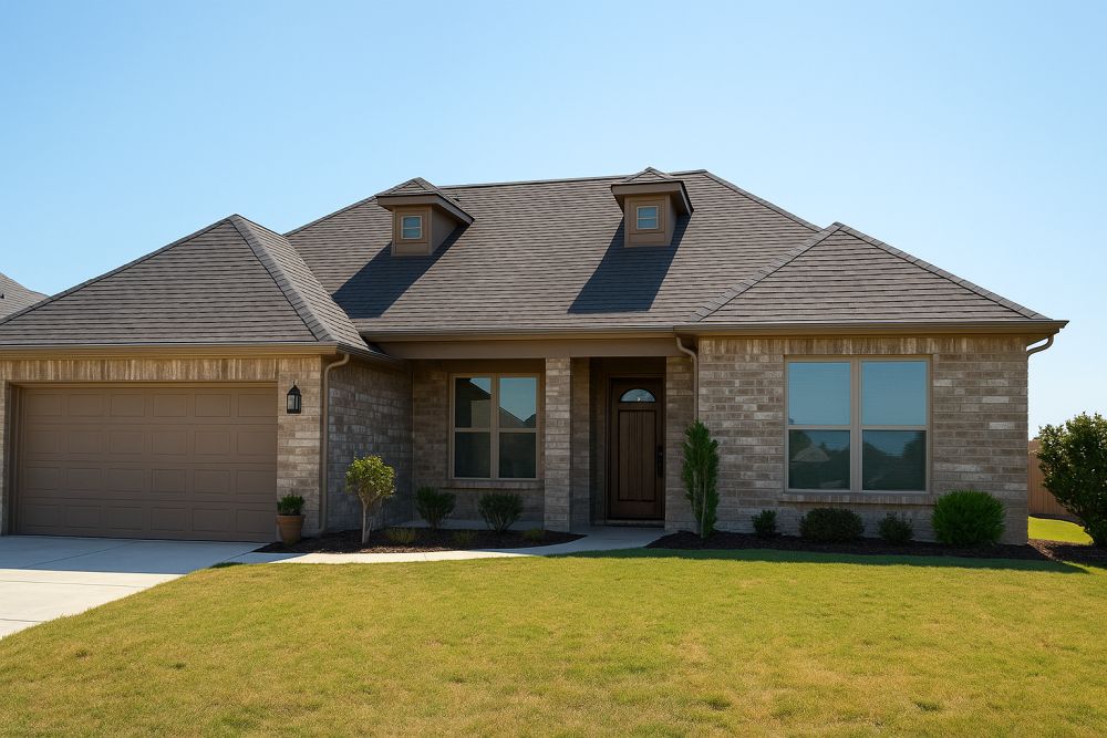 This image shows a single-story brick home with a clean asphalt shingle roof in Josephine, TX. The roof covers the full structure and sits above a wide front porch, two dormers, and a tidy lawn. The driveway, garage door, and shrubs frame the home and give a clear view of the overall roof shape and shingle layout. The scene shows a calm neighborhood setting under clear daylight. SCR, Inc., a roofing company with 25+ years of experience, serves Josephine and nearby Texas communities and can be reached at 972-839-6834 for roofing help.