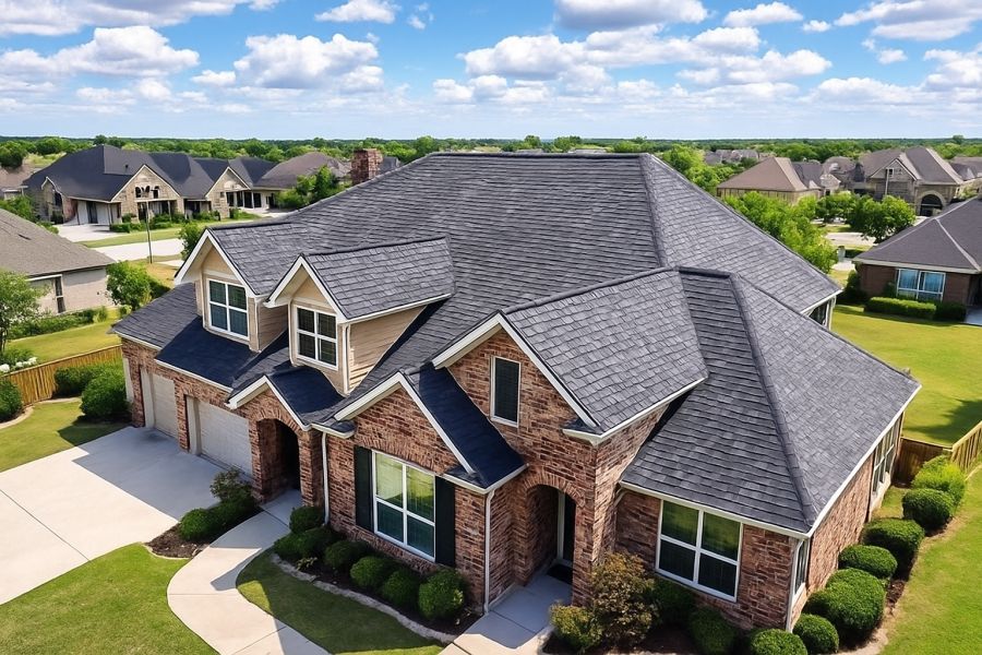 This image shows a Texas home with a large asphalt shingle roof viewed from above, ideal for showing the work of a Lone Oak TX roofing contractor. The shingles form clean lines and a neat layout that fits the style of many Texas neighborhoods. The home sits in a quiet area with nearby houses, trees, and an open sky. SCR, Inc. is a trusted roofing contractor that serves Lone Oak and offers roofing help across Texas at 972-839-6834.