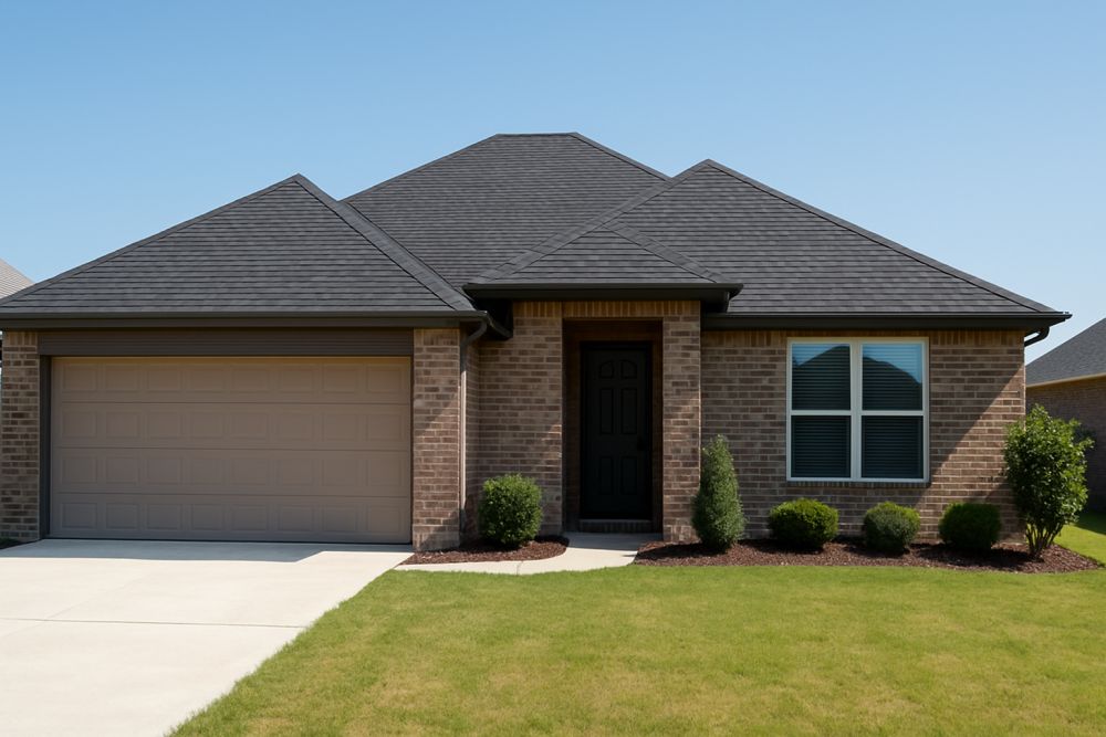 This image shows a full view of a residential home in Quinlan, Texas with a clean asphalt shingle roof that reflects the work done by a roofing contractor in Quinlan Texas. The home sits on a trimmed lawn with simple shrubs along the front entryway, giving a clear look at the entire roofline under bright daylight. The driveway and surrounding neighborhood appear calm, which helps define the Texas suburban setting. SCR, Inc., a Texas roofing contractor with 25+ years of experience, supports Quinlan homeowners with roof repairs, replacements, and storm damage work. You can reach SCR, Inc. at 972-839-6834 for roofing service in Quinlan.
