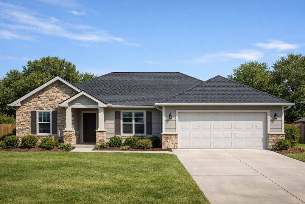 SCR, Inc. provides roofing contractor services in Bedford, TX for residential properties across North Texas. This image shows a completed single-family home in Quinlan, Texas with a finished asphalt shingle roof installed to protect the structure from Texas weather conditions. The roof displays even shingle placement, clean roof lines, and proper edge detailing that reflects professional roofing work. Homeowners in Bedford, TX trust SCR, Inc. for roof installation, roof replacement, and storm damage repairs. For service inquiries, contact SCR, Inc. at 972-839-6834 for residential roofing support in Bedford, Texas.
