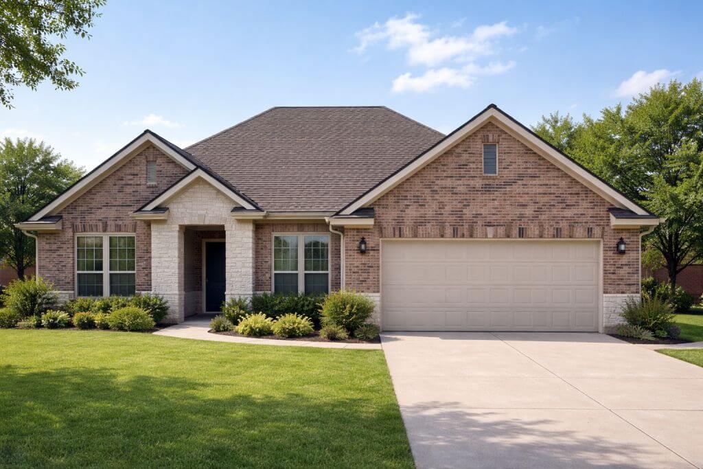 This image shows a completed single-family home in Midlothian, Texas with a fully installed asphalt shingle roof and clean, even shingle alignment. The home exterior includes brick and neutral siding, visible gutters, a finished driveway, and a maintained lawn in a suburban North Texas setting. SCR, Inc. is a trusted roofing company in Midlothian TX providing residential roofing services for homeowners across Ellis County. Homeowners looking for a reliable roofing company in Midlothian TX can contact SCR, Inc. at 972-839-6834 for roof installation, roof replacement, and residential roofing service backed by over 25 years of experience.