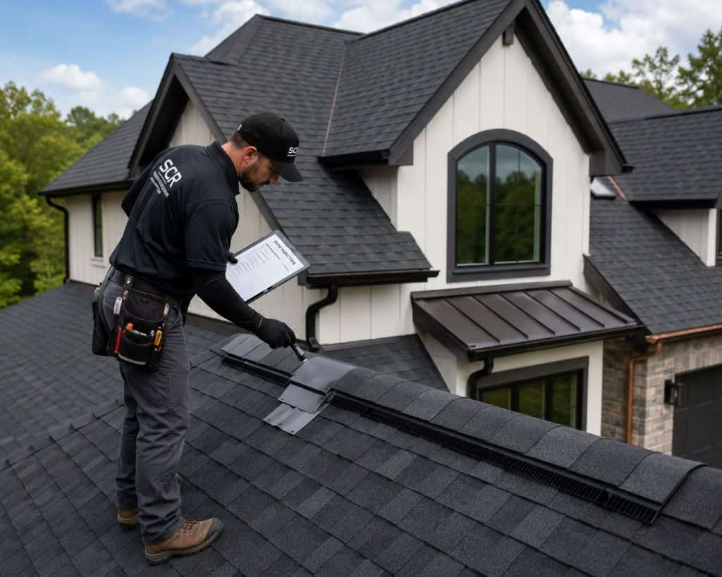 Roofing inspector examining roof flashing and ridge vent on a residential home in Ponder, TX.