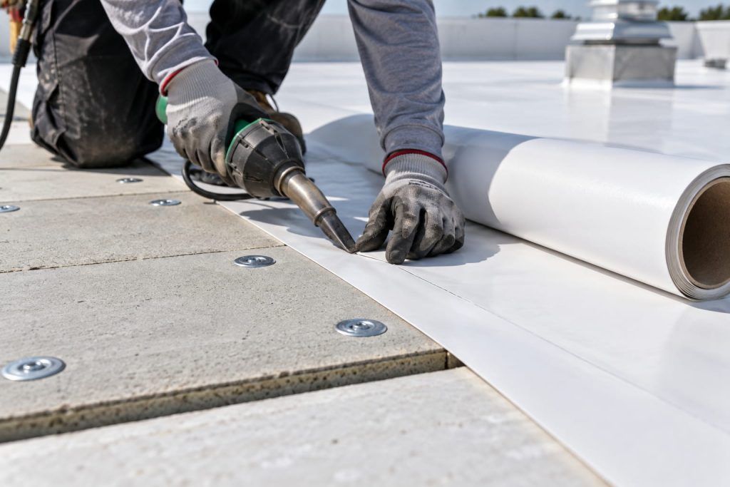 Close-up of a roofer heat-welding a 60 MIL TPO membrane over DensDeck cover board on a commercial roof