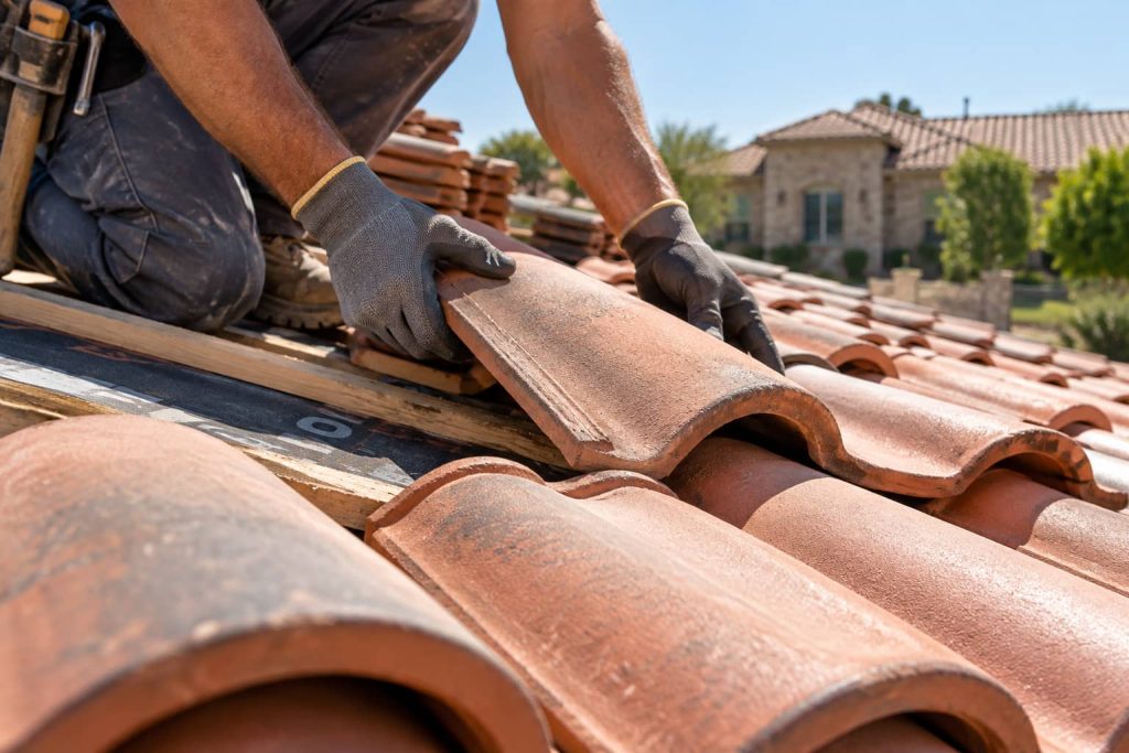 Close-up of a roofer working on an American-style clay tile roof in Dallas–Fort Worth, Texas
