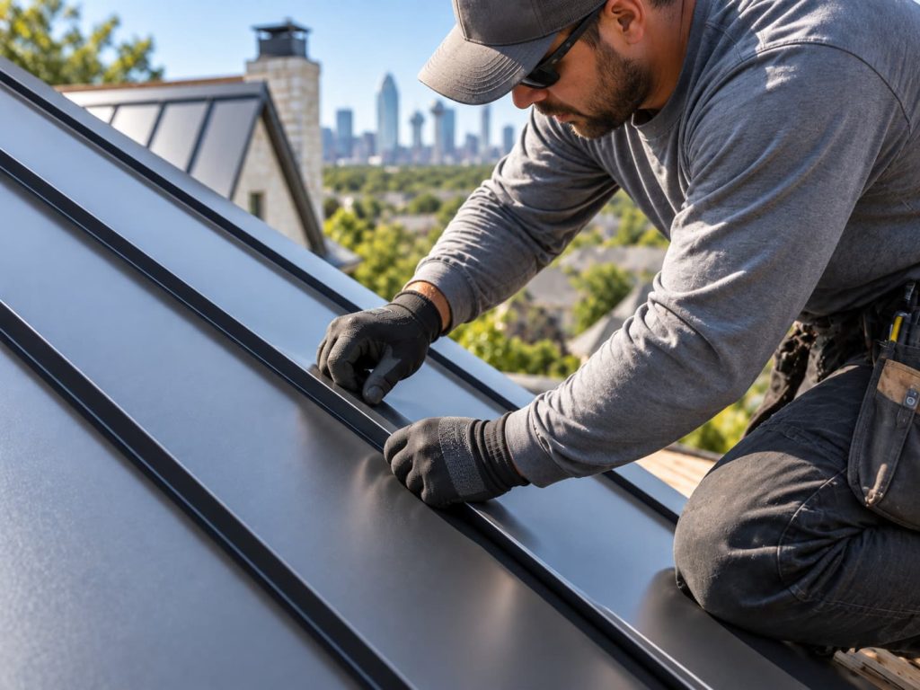 Standing seam metal roof replacement in Dallas, Texas with a roofer installing dark metal panels