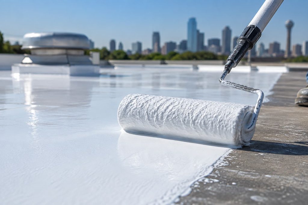 Close-up of silicone roof coating being applied to a commercial roof in Dallas-Fort Worth