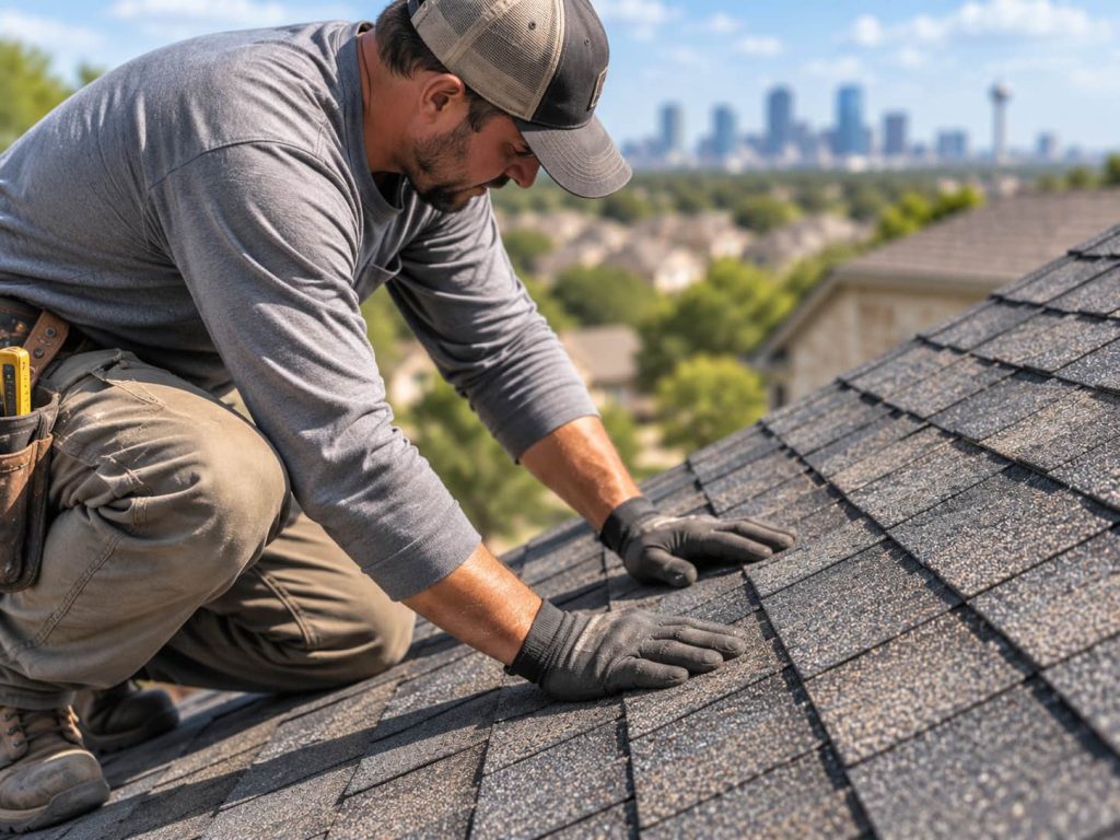 Roofer inspecting 30-year architectural laminate shingles on a residential roof in Dallas, Texas