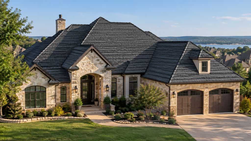 Large Texas home with a dark cedar-style shingle roof featuring multiple slopes, ridges, and roof sections.