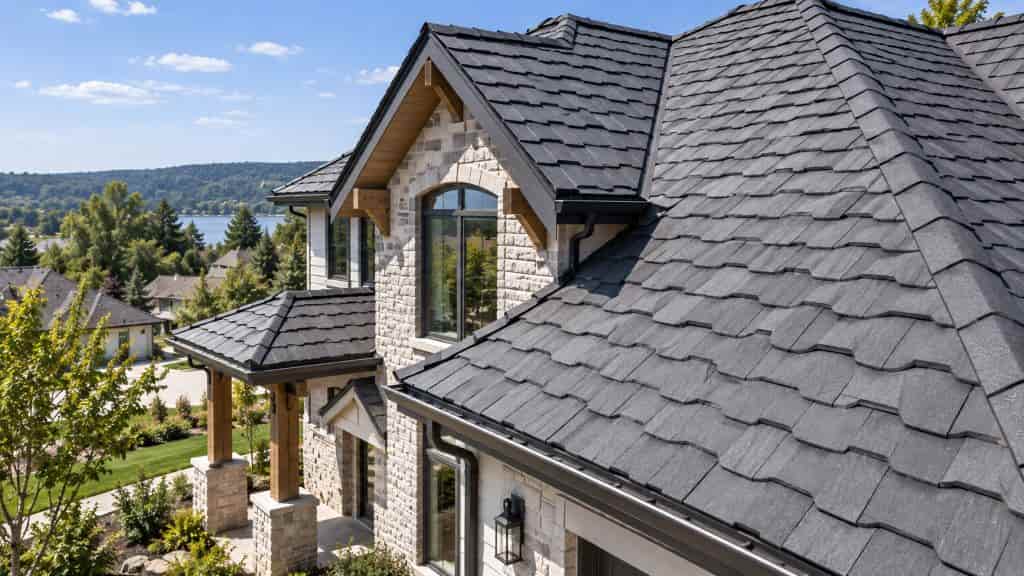 Large stone home with a dark synthetic shingle roof featuring multiple slopes, hips, valleys, and ridges.