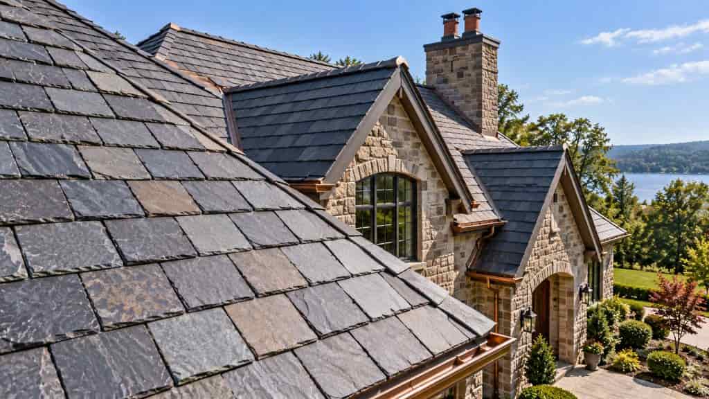 Stone home with a natural slate roof featuring varied slate tiles, steep slopes, valleys, and dormers.