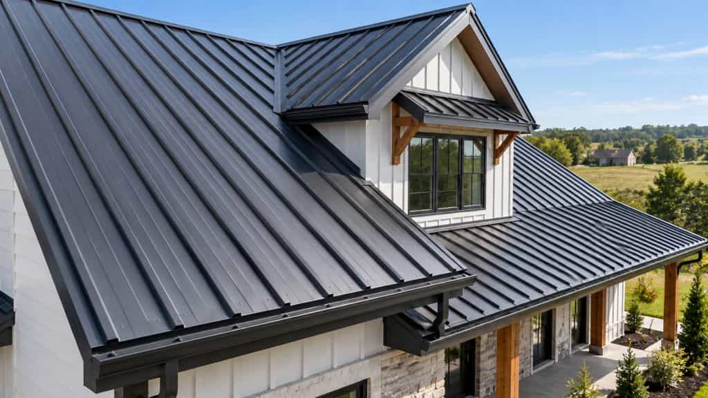 Modern home with a dark metal roof featuring exposed vertical ribs, multiple slopes, and finished trim.