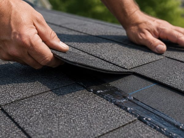 Close-up of asphalt roofing shingles being inspected on a residential roof in Southlake, TX