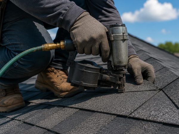 Roofer installing asphalt shingles on a residential roof in Southlake, TX