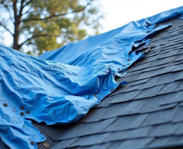 Tarp-covered roof after storm damage in Denton TX during emergency night repair to prevent further interior water damage.