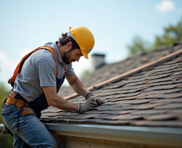 Licensed Ennis roofer inspecting a residential roof for damage and leaks.