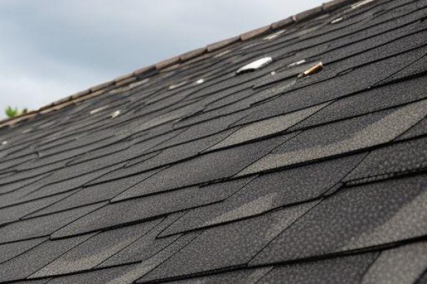 Roof in Murphy TX showing hail damage with cracked shingles and scattered debris after a storm, SCR, Inc.
