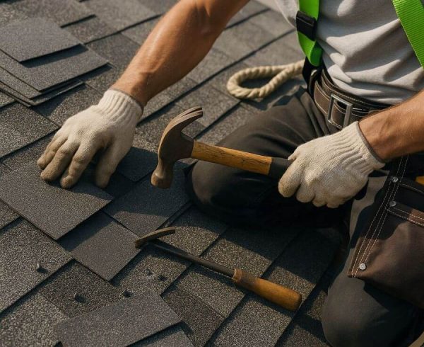 This image shows a close-up view of a roofing repair in progress on a home near Josephine, TX. A worker’s hands are adjusting asphalt shingles while wearing a safety harness and using a roofing tool, which gives a clear look at an active repair scene. The tool belt, ropes, and loose shingles sit on the roof surface, showing the details of a live repair job without any visible faces. SCR, Inc., a trusted Texas contractor with over 25 years of experience, handles this level of roofing repair for residents who need dependable help after storms. Homeowners in Josephine, TX can call 972-839-6834 for fast roofing repair support.