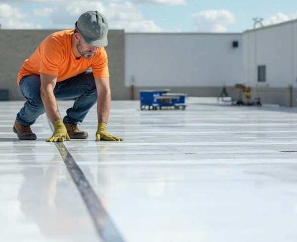 Commercial flat roofing installation in Justin TX with TPO membrane