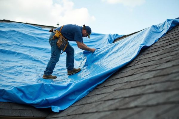 Emergency storm damage roof repair in Justin TX with tarp covering