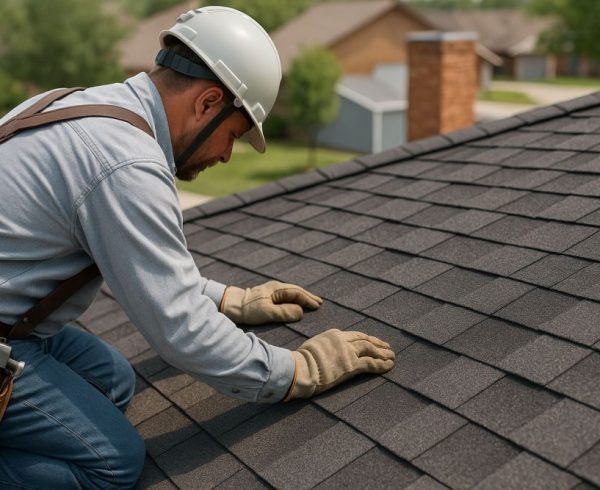 This image shows a close-up view of a roof repair done by a Lone Oak TX roofing contractor. A worker’s gloved hands press on dark asphalt shingles as he inspects a section of the roof. The worker wears a helmet and a tool belt with visible tools, but his face does not appear. The background shows a calm Texas neighborhood with soft trees and rooftops. The photo reflects the type of roofing repair SCR, Inc. handles across Texas, and the company can be reached at 972-839-6834 for roofing service.