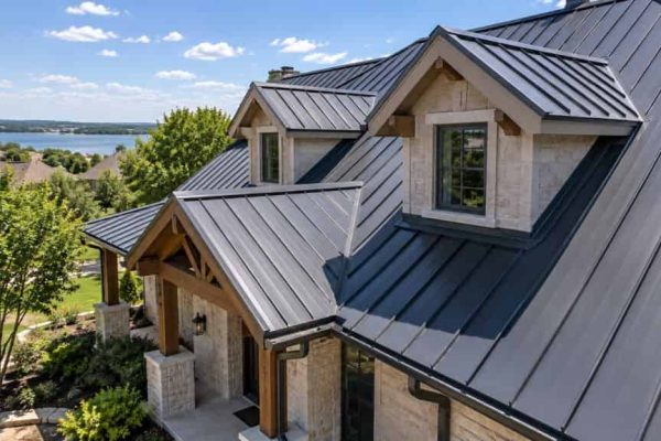 Completed dark standing seam metal roof with multiple slopes, dormers, and finished flashing details.
