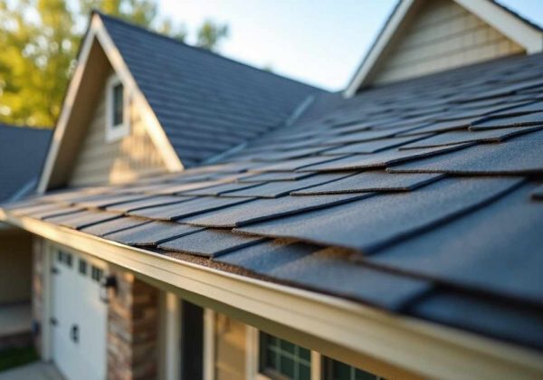 A newly installed asphalt shingle roof shines under the Princeton, TX sun, captured up close to show clean lines, tight shingle layering, and crisp material quality. The image shows the roof edge extending over a modern home with neutral siding and stone accents. Princeton homeowners choose SCR, Inc. for roof replacements that last—using premium materials and expert crews. The home is nestled in a quiet neighborhood with green trees and blue skies in the background. For residential roof installation or replacement in Princeton, TX, call 972-839-6834 to schedule your free quote.