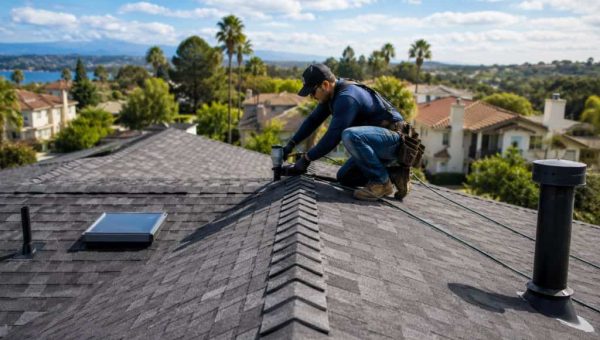 Professional roofing contractor working on a residential shingle roof in Richland Hills, TX.