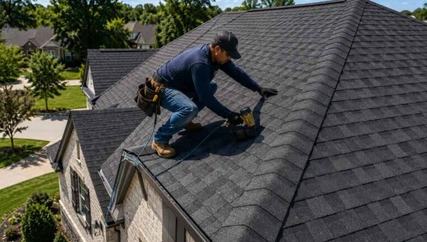 Roofing contractor securing architectural shingles on a residential roof in Saginaw, TX.
