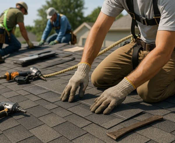 This image shows a roofing crew installing asphalt shingles on a residential roof in Quinlan, Texas, with hands adjusting shingles and tools resting on the roof surface. The scene includes safety gear such as gloves, ropes, and harness attachments, which highlights the active roof work taking place. The setting shows a typical Texas neighborhood in the background with soft daylight and clean shingles visible across the rooftop. SCR, Inc., a Quinlan TX roofing company, provides reliable roofing repair and replacement services across the region, and this image supports their focus on careful shingle installation for Texas homeowners. For service, call SCR, Inc. at 972-839-6834.