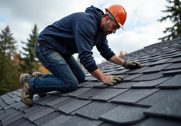 Roofer installing asphalt shingles on a home in Kemp TX.