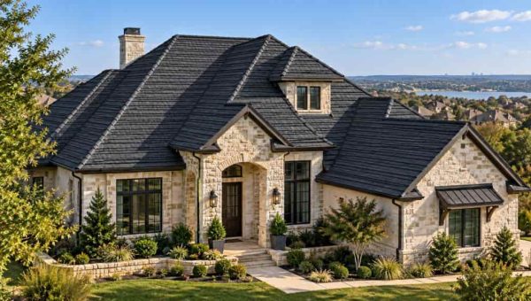 Large stone home with a dark residential roof featuring multiple slopes, ridges, and architectural details.