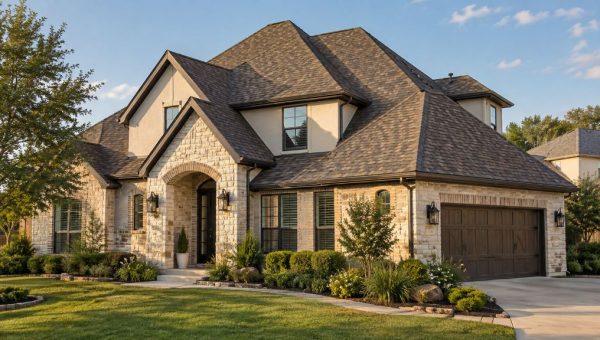 Stone home with a completed architectural shingle roof featuring multiple slopes and ridges.