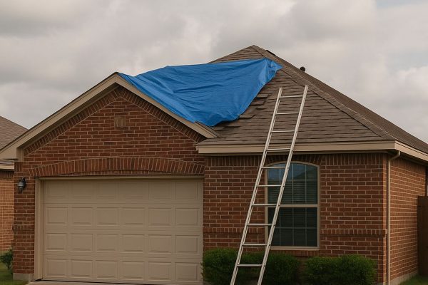 This image shows a storm-damaged residential home in Princeton, TX, with visible torn shingles partially covered by a blue tarp. A metal ladder leans against the home, indicating active emergency roofing work. The house features a clean red brick facade, well-maintained gutters, and dimensional asphalt shingles typical of North Texas neighborhoods. SCR, Inc. offers emergency roofing, inspections, and full roof replacements across Princeton, TX. Homeowners can call 972-839-6834 for fast response and help with insurance claims. This image reflects the local need for prompt, trusted residential roofing support.