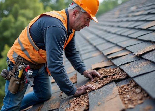 Roofing contractor inspecting hail damage on a residential roof in Kemp TX
