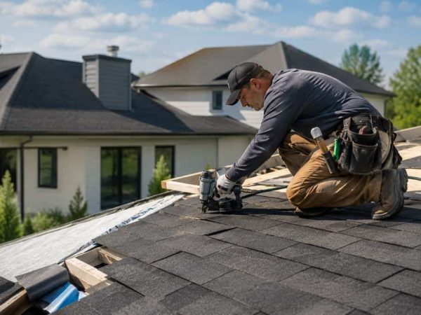 Roofing contractor installing architectural shingles on a residential roof in Kennedale, TX.