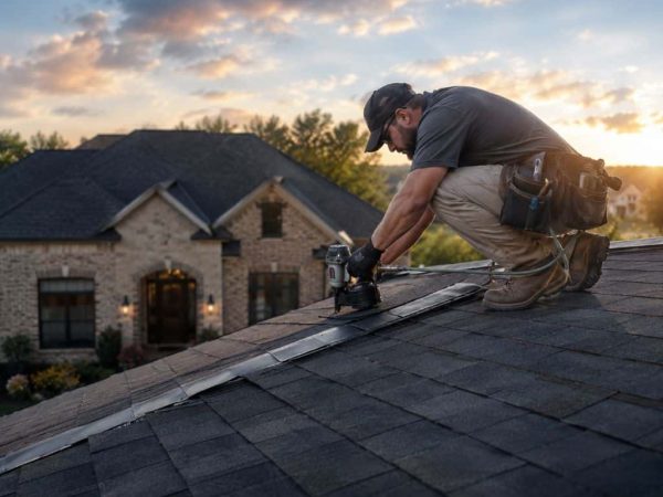 Roofing contractor installing shingles on a residential roof in Pantego, TX during sunset.