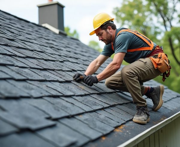 Roofing company installing shingles on home in Argyle TX