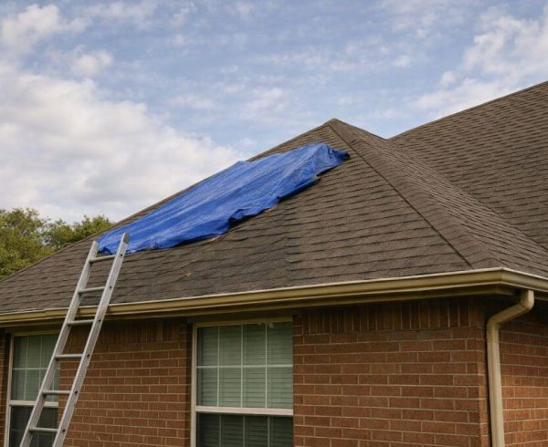 This image shows a brick single-family home in Quinlan, Texas with visible storm damage and temporary roof protection installed. A blue tarp is secured over damaged asphalt shingles near the upper roof slope, while intact shingles remain evenly aligned across the rest of the roof surface. A metal ladder rests against the gutter edge, indicating active roofing work without showing any people on site. SCR, Inc. provides roofing contractor services for Bedford, TX homeowners, offering emergency tarping, storm damage repair, and roof inspections, and can be reached at 972-839-6834.
