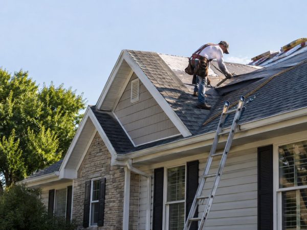Roofing contractor working on asphalt shingles and underlayment on a residential home.
