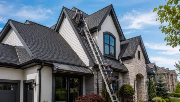Roofing professionals on ladders inspecting and servicing a residential roof on a two-story home.